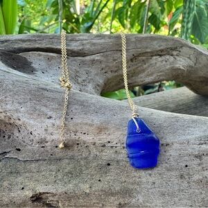 Handmade 14 k Gold with cobalt blue sea glass Pendant Necklace